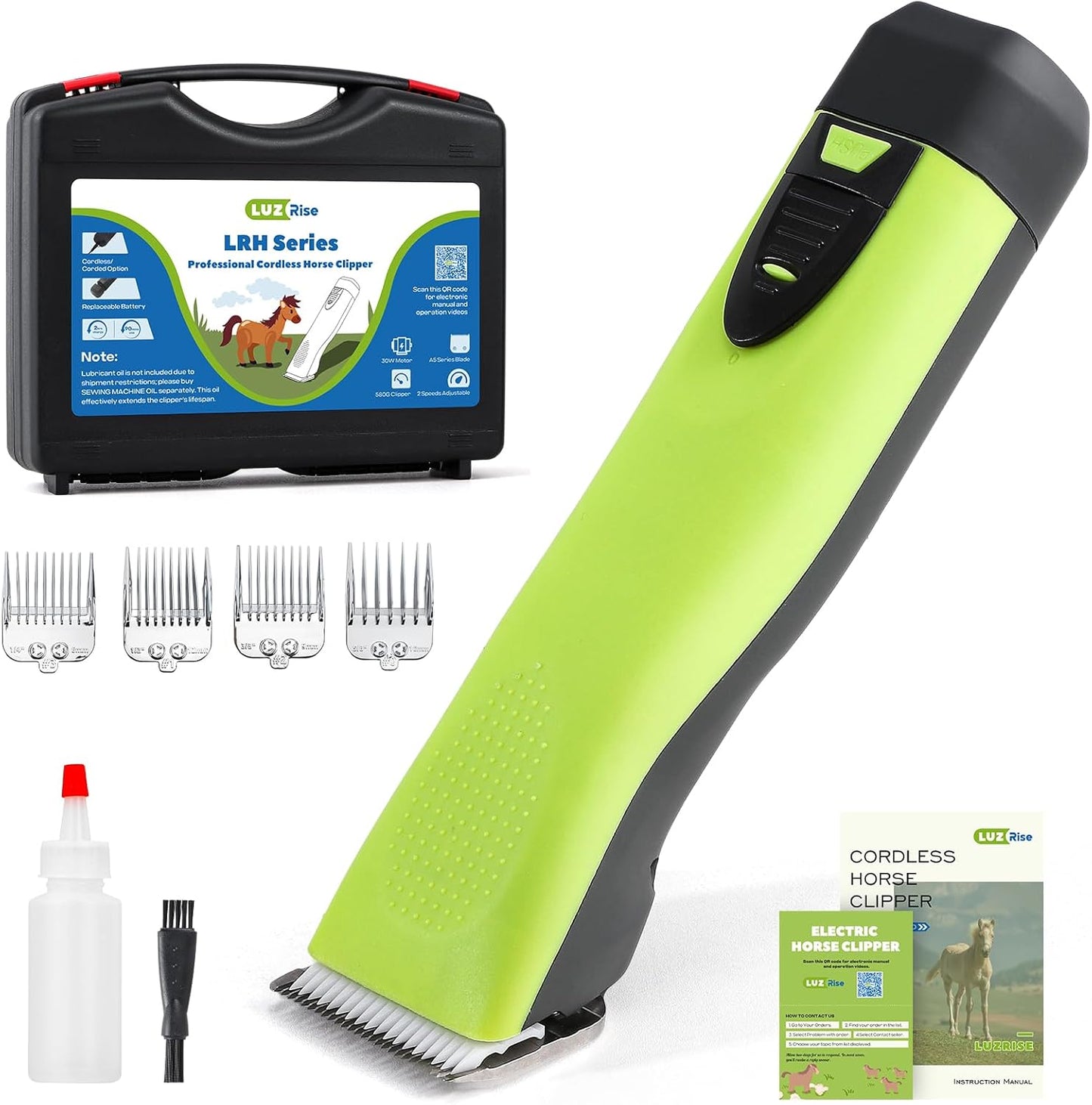 Cordless Horse Clippers, Professional Pet Grooming Clippers, 2 Speed Pet Trimmer with 4 Magnetic Guide Comb, Detachable Blade, Low Noise< 50db for Horse,Pony,Cat,Dog,Goat