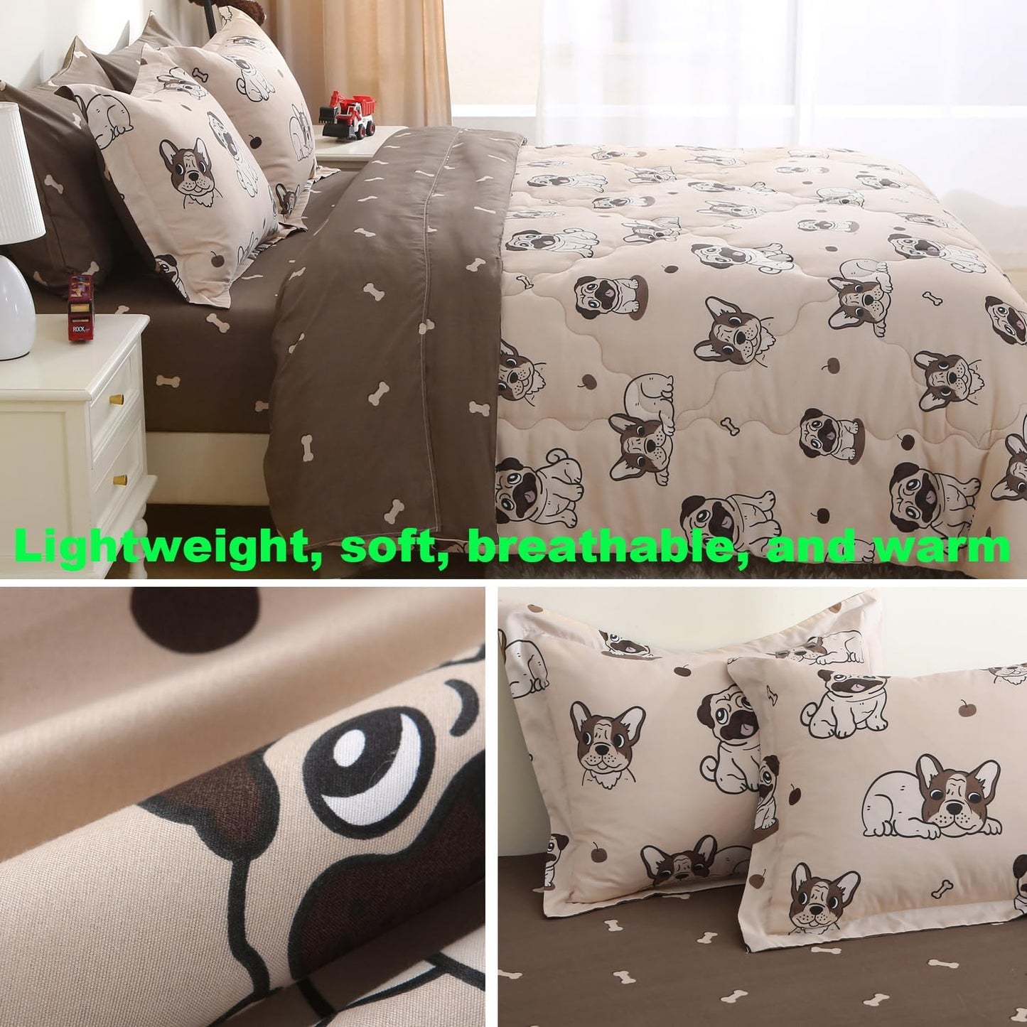 Kids Comforter Set 7 Piece Bedding Cute Dog Cartoon Animal Bed Microfiber Comforter Twin Size All Season (1 Comforter, 1 Flat Sheet, 1 Fitted Sheet, 4 Pillowcase)