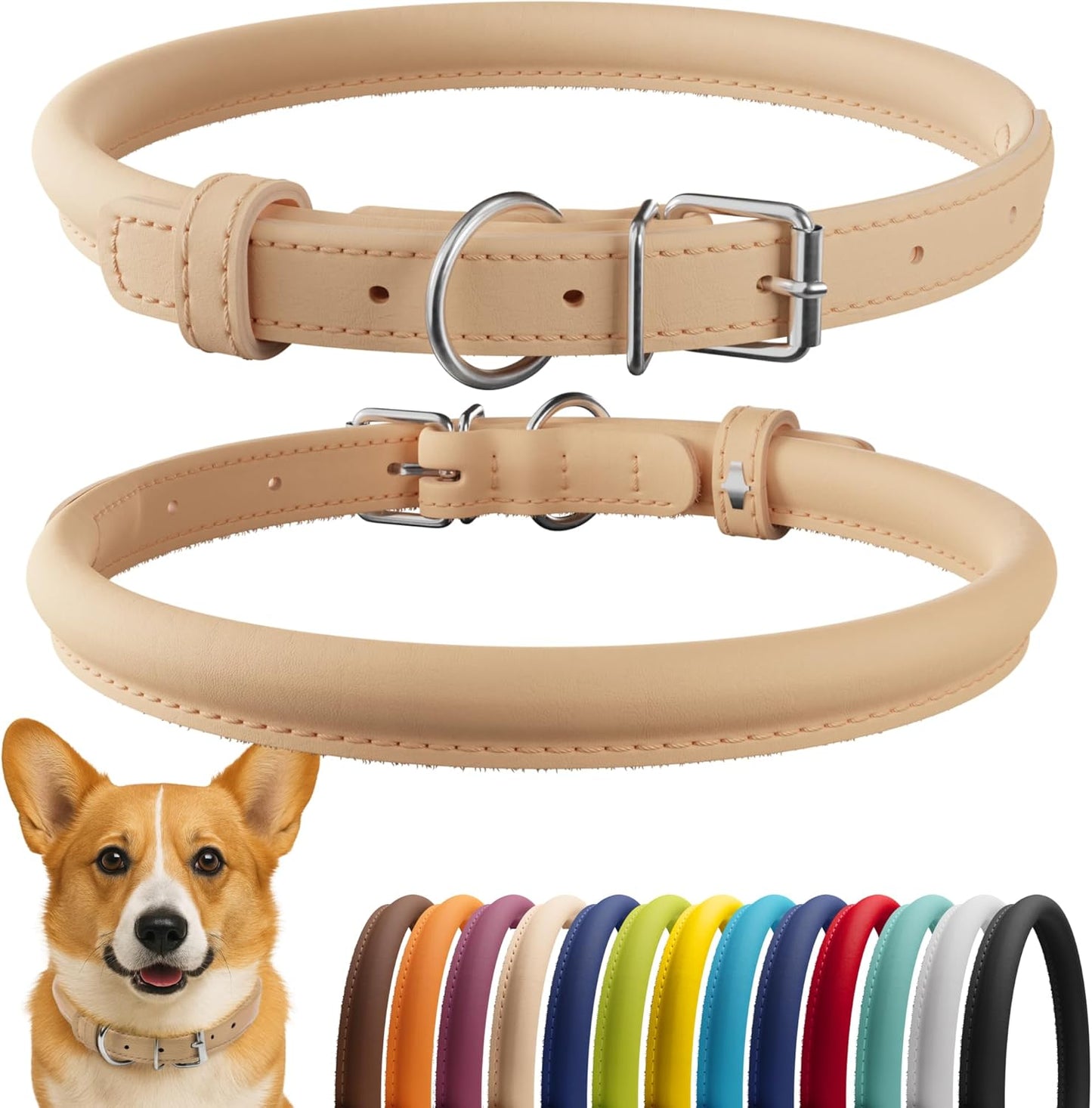 CollarDirect Rolled Leather Dog Collar, Soft Padded Round Puppy Collar, Handmade Genuine Leather Collar Dog Small Large Cat Collars 13 Colors (13-16 Inch, Beige Smooth)