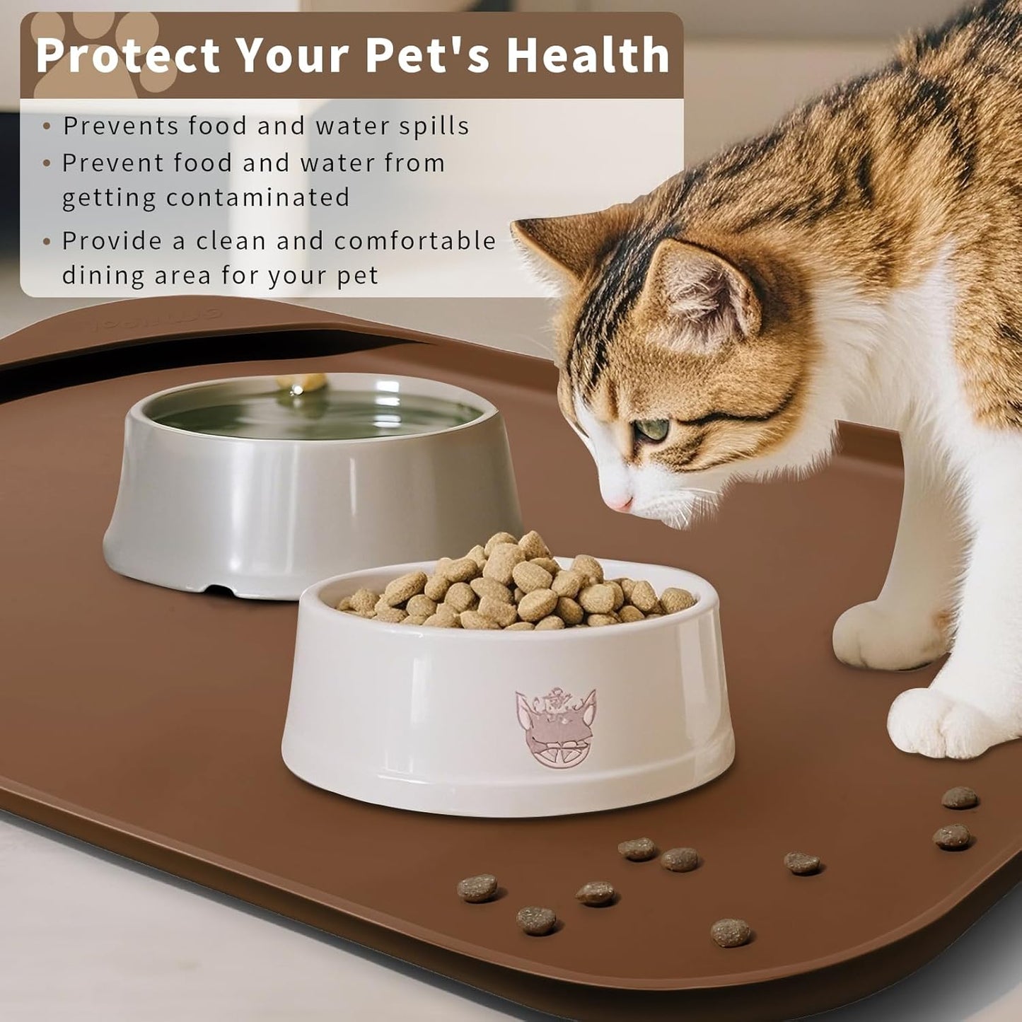 Silicone Pet Feeding Mat with Raised Edge & Residue Collection Pocket for Food and Water, Dog Bowl Mats, Cat Bowls Placemat with High Lip for Floor Waterproof, 19 x 12 x 0.7 Brown