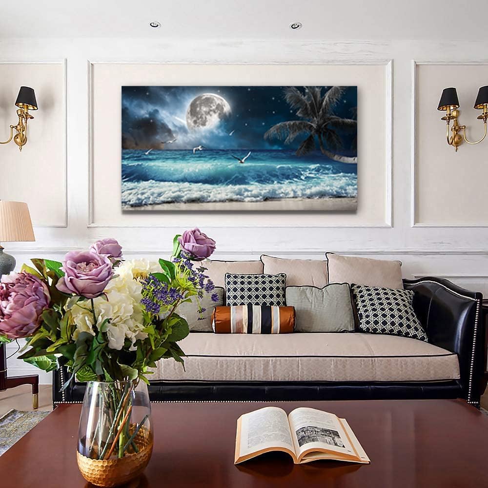 Yxbhhym Moon Ocean Decor Beach Wall Art Seascape Painting Sea Canvas Poster Prints Landscape Plam Pictures Artwork for Living Room Decor Wall Decorations large Framed Wall Art -20x40inches