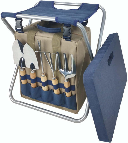 Garden Folding Gardener Stool with Gardening Tools Insulation Garden Bags Plus 5 Garden Tools and Gardening Kneeler Ideal Gift for Mother's Day/Father's Day (Navy Blue)