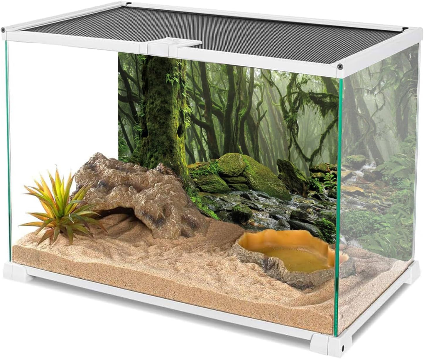 AWERT Foggy Forest Terrarium Background Stream Green Huge Tree Reptile Habitat Background Tropical Rainforest Aquarium Background 36x20 inches Durable Polyester Background