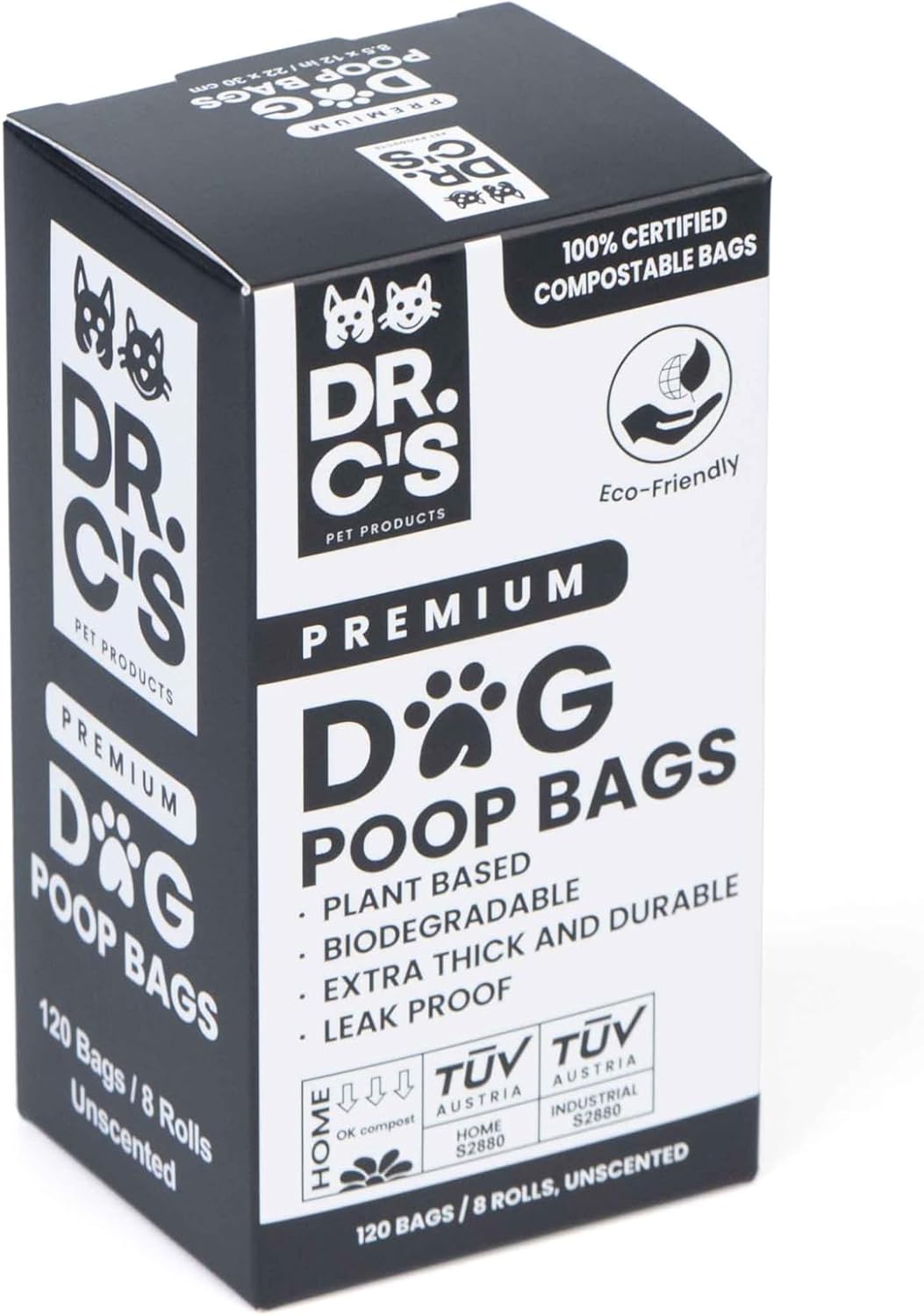 100% Certified Compostable Dog Poop Bags - Dr. C's Premium Dog Poop Bags - 120 Bags / 8 Rolls, Extra thick, Leak Proof, Unscented, Plant Based and Earth Friendly