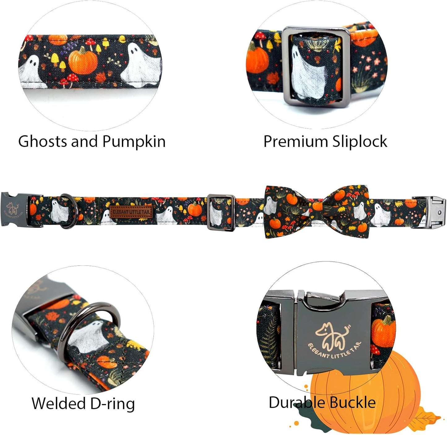 Elegant little tail Fall Dog Collars, Ghosts Pumpkin Print Halloween Pet Collar Puppy Male Cotton Dog Collar with Bow Adjustable Collars for Small Medium Large Dogs