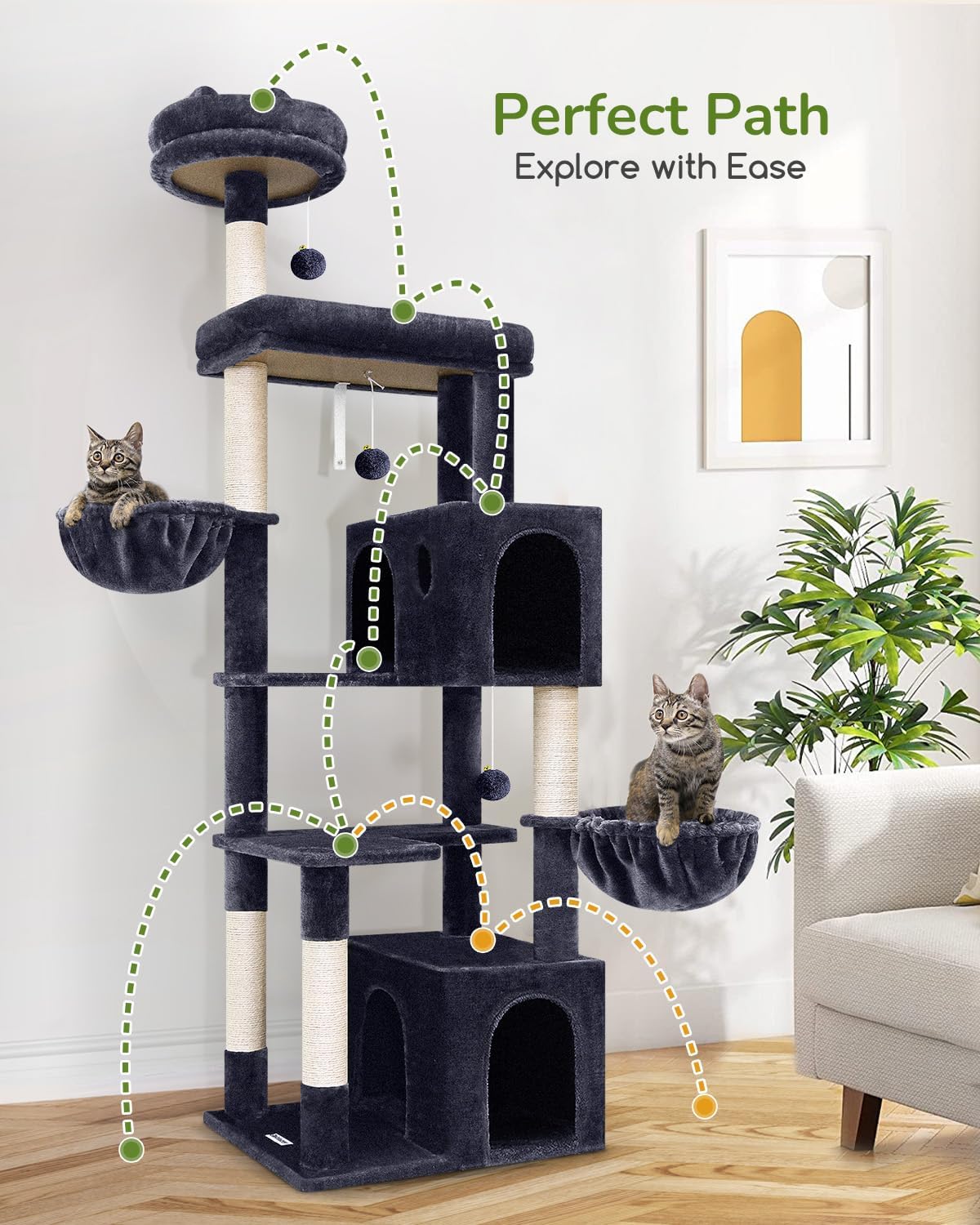 Globlazer Heavy Duty Cat Tree Tower, 73in Tall Cat Tree for Indoor Cats Large Adult, Cat Condo for Large Cats with 5 Scratching Posts, 2 Cat Caves, 2 Padded Perches, 2 Hanging Baskets, F73, Dark Gray
