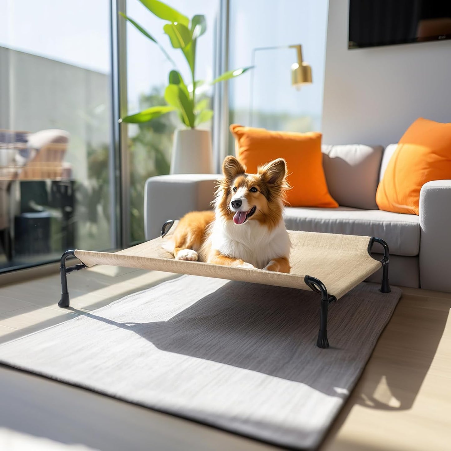 Veehoo Elevated Dog Bed, Cooling Raised Dog Bed with Guardrail & Headrest, Upgraded Non-Slip Silicon Feet, Breathable Teslin Mesh, Portable Pet Cot for Indoor and Outdoor, 35 x 22 Inches, Beige Coffee