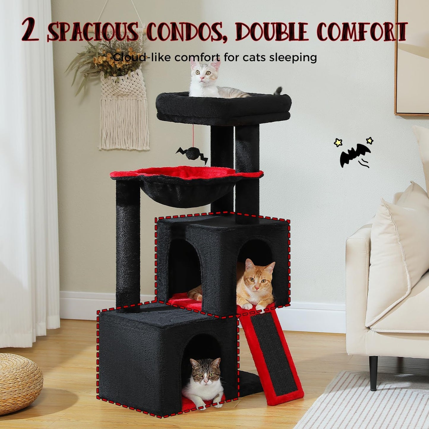 PAWZ Road Large Cat Tree, 41 Inches Gothic Cat Tower with 2 Spacious Condos for Indoor Cats, Large Black Cat House with Comfy Hammock, Padded Perch, Scratching Pad and Replaceable Balls-Black