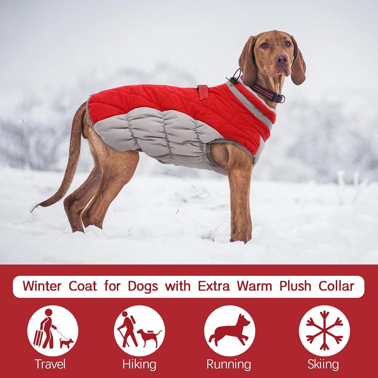 FUAMEY Dog Coat for Large Dogs,Waterproof Dog Winter Jacket with Harness Built in Puppy Cold Weather Coats Reflective Pet Vest with Zipper Warm Fleece Dogs Snowsuit Windproof Red XXL