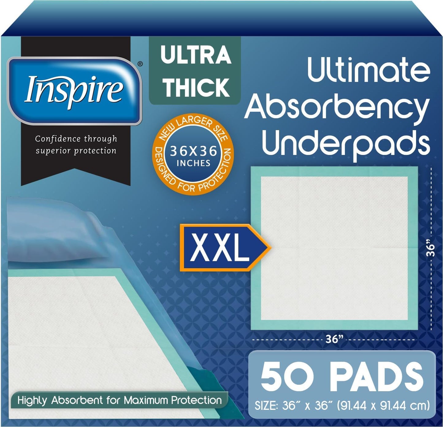 Inspire Extra Large Super Absorbent Disposable Bed Pads for Incontinence Ultra Thick and Absorbent Bed Pads Disposable Adult | Puppy Pads | Pee Pads for Adults (36" X 36" Pack of 50)
