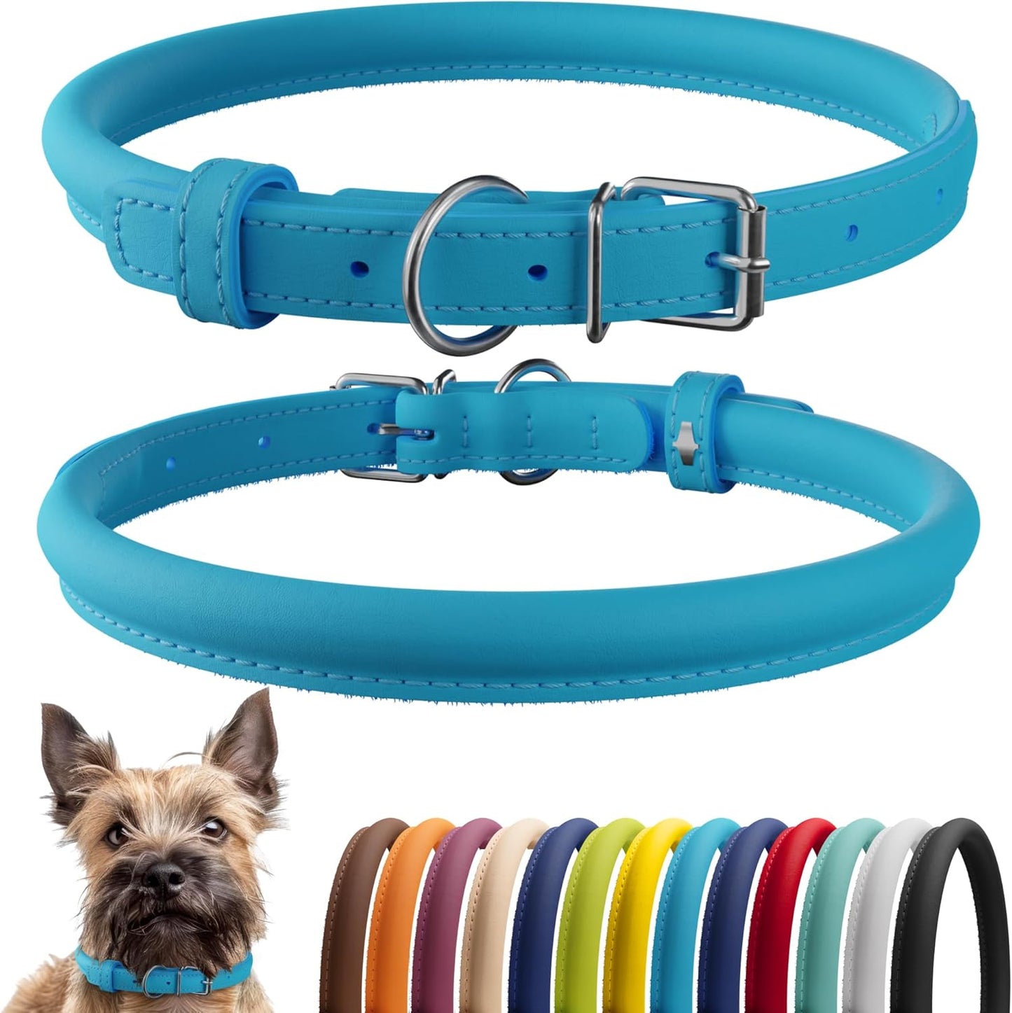 CollarDirect Rolled Leather Dog Collar, Soft Padded Round Puppy Collar, Handmade Genuine Leather Collar Dog Small Large Cat Collars 13 Colors (6-7 Inch, Light Blue)
