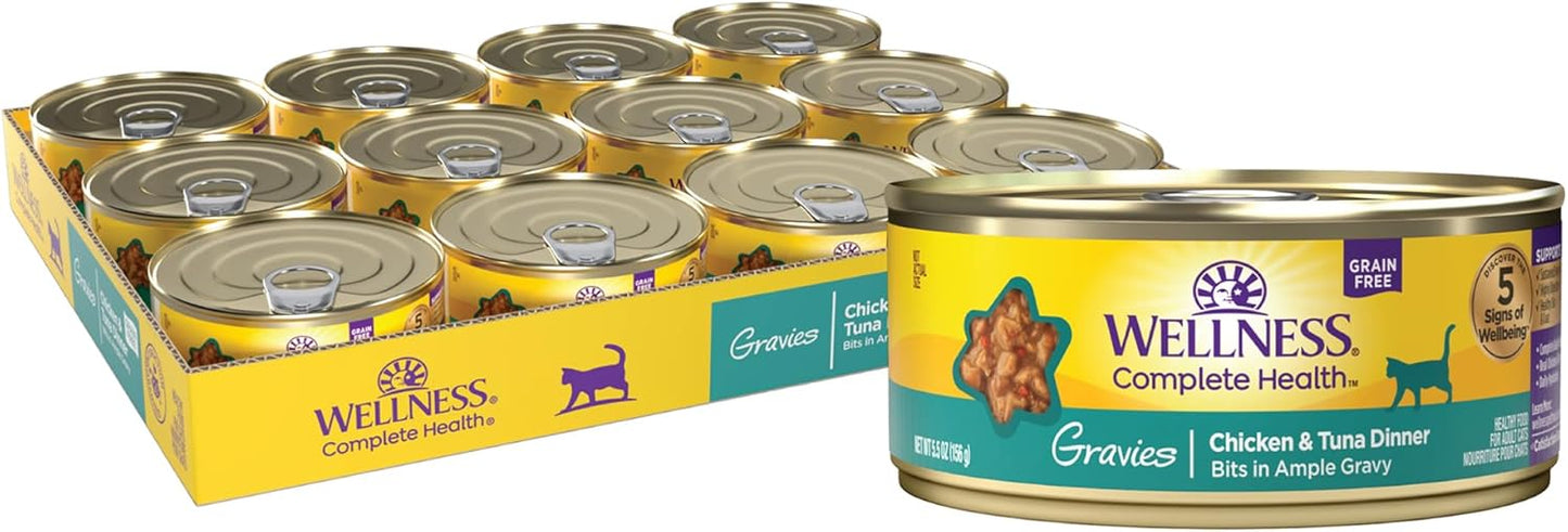 Wellness Complete Health Gravy Adult Wet Cat Food, Natural, Protein-Rich, Grain Free, 5.5 Ounce, 12 Pack, (Chicken & Tuna Dinner)