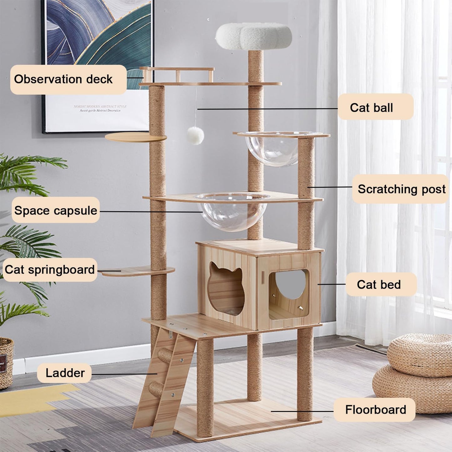 67-Inch Cat Tree for Indoor Cats Large Adult,Cat Tree Tower with Condo, Cat Stairs, 2 Bowl,14 Sisal Scratching Posts, Top Perch, with Padded Platform Bed,Toy Balls,Larg Large cat Tree.B12