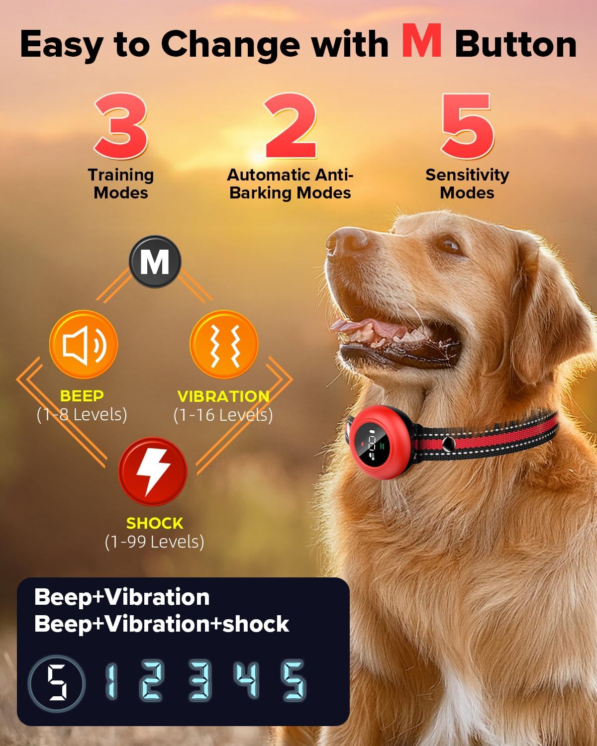 XDX 2-in-1 Dog Shock Collar & Bark Collar – 3300FT Dog Training Collar with Remote, Automatic Anti-Barking, 5 Adjustable Sensitivity Levels, IP67 Waterproof E-Collar for Small Medium Large Dogs