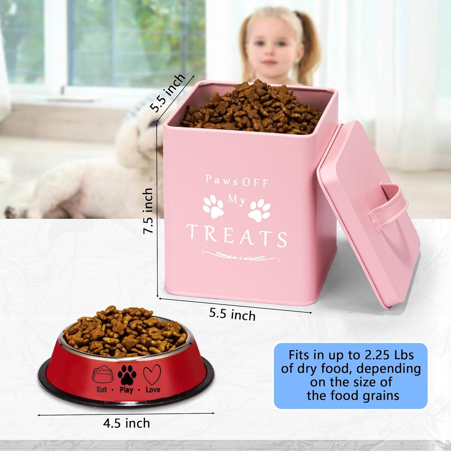 Meraki Home Small Dog Food Container and Dog Treats Container - Tight Lids - Feed Scoop and Pet Food Bowl - Farmhouse Metal Storage Bin - Matte Pink