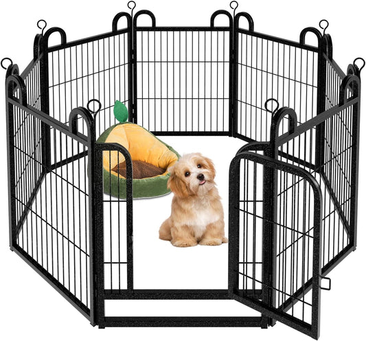 Puppy Playpen 8 Panels Small Dog Fence Outdoor Indoor Use 24" Height Anti-Rust with Doors Portable Dog Play Pen for RV Camping Yard, Total 15FT, 17 Sq.ft, Snowy Black