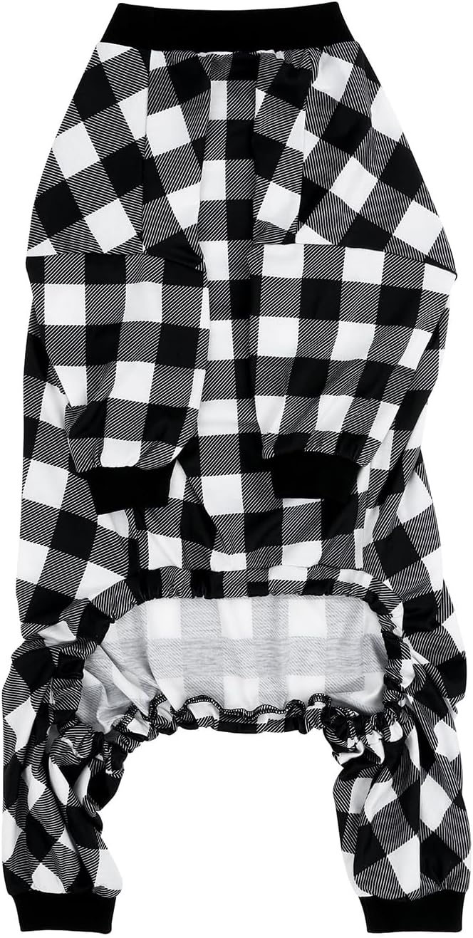 HDE Dog Pajamas One Piece Jammies Jumpsuit Pet Clothes Outfit Stretchy Lightweight Comfy Shirt Pjs for M-3XL Dogs Black & White Buffalo Plaid - M