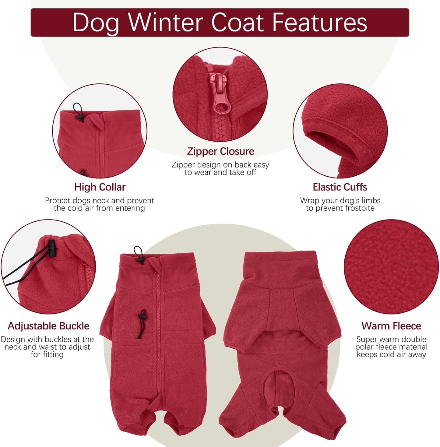 ROZKITCH Dog Fleece Pullover, Pet Windproof Warm Cold Weather Jacket Vest Cozy Jumpsuit Apparel Outfit Clothes for Small Medium Large Dog Walking Hiking Sleep Red L