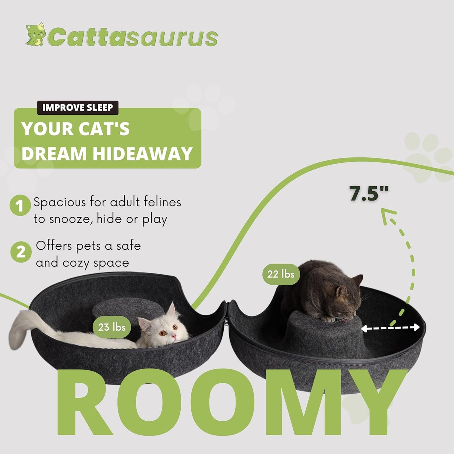 CATTASAURUS Peekaboo Cat Cave for Multiple & Large Cats Up to 30-45 Lbs, Scratch Detachable & Washable Tunnel Bed, Comfy Donut Cat Cave (Light Gray + Dark Gray, Large)