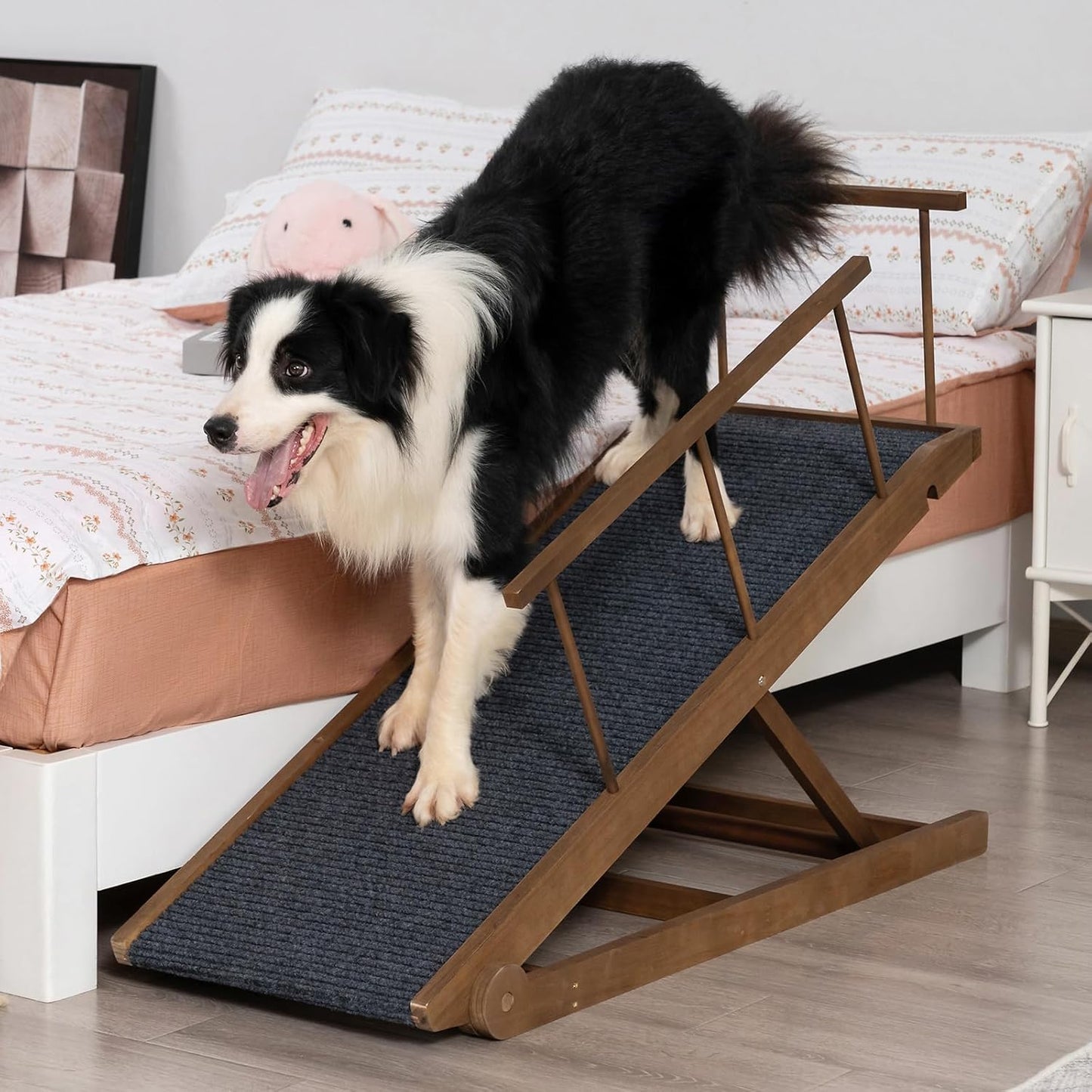 Dog Ramp for Bed Couch - Pet Steps Stairs to Get on Bed Couch 15.7"-23.6" High for Small or Large Dog Up to 200 lbs, Adjustable Wooden Dog Ramp Steps Foldable Portable, Anti-Slip Carpet (Brown)