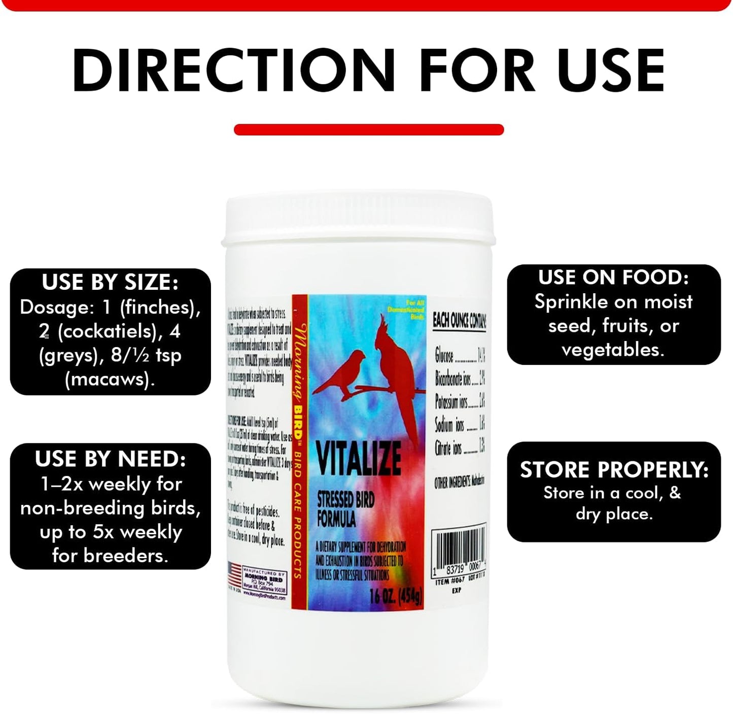 Morning Bird Vitalize, Supplement for Sick, Injured, or Stressed Caged Birds; Dehydration and Exhaustion Treatment for Parakeets, Cockatiels, Budgies, Finches, Canaries, and Parrots, 16 oz