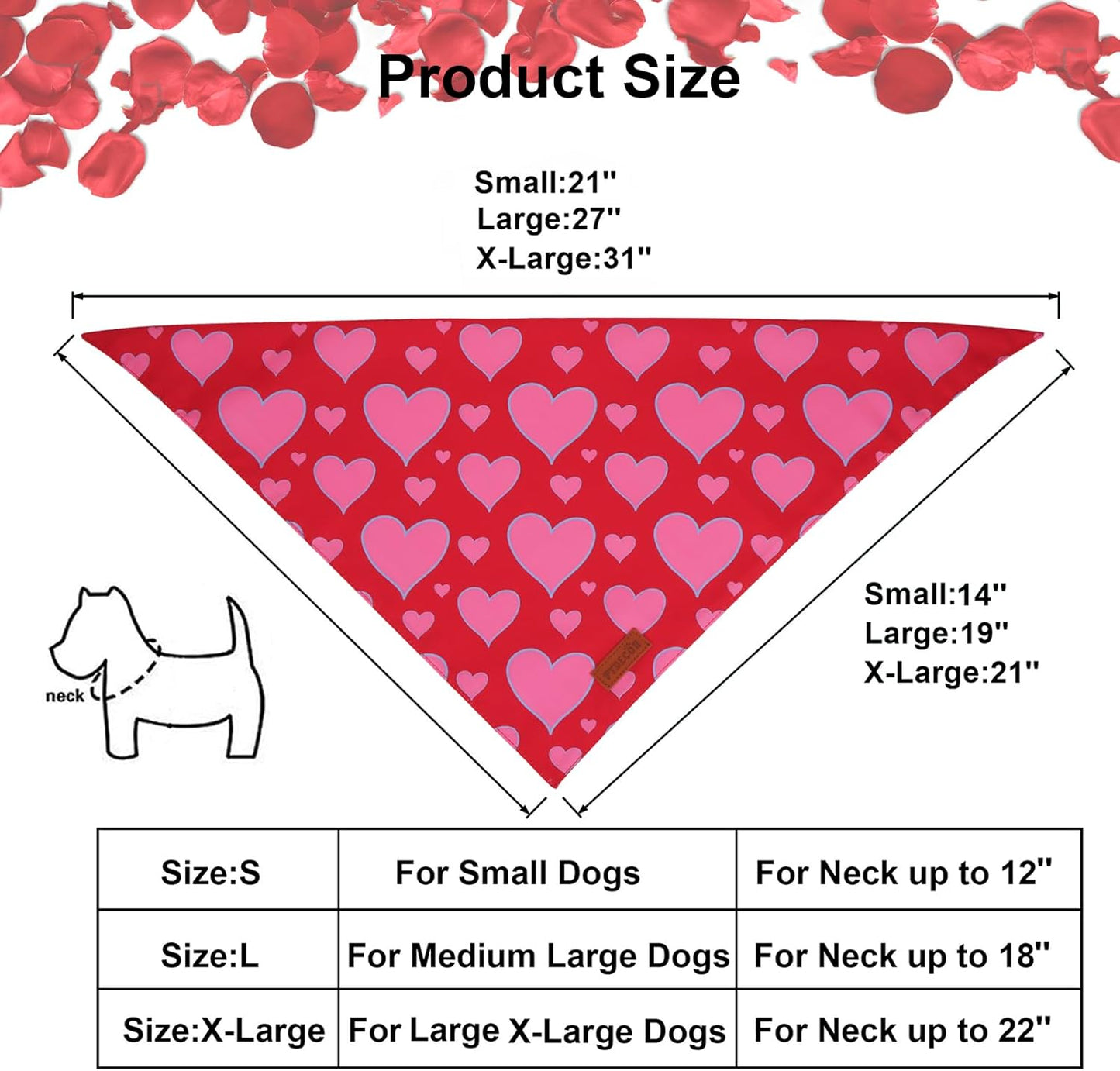 PTDECOR Valentine Dog Bandana, Reversible Valentine Pet Scarf, Multi Size, Red Heart Bandanas for Medium Large Dogs (Large)