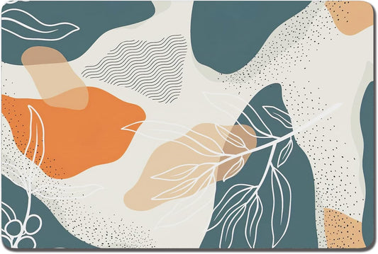 Rnivvi Dog Food Mat, 16" x 24" Boho Absorbent Dog Cat Bowl Mat for Food and Water, Cute Anti-Slip Rubber Pet Feeding Rug Protect Floors, Puppy Placemat for Feeding & Watering Supplies, Abstract Leaves