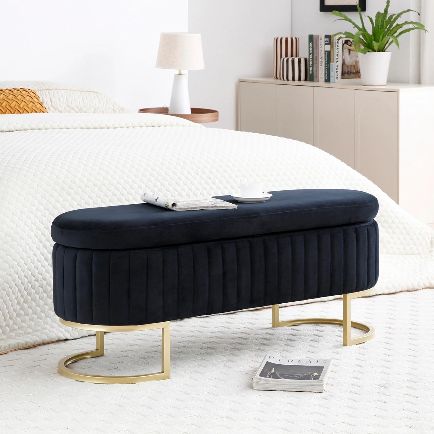 50" Sherpa Storage Ottoman Bench – Velvet Upholstered Bedroom Bench with Golden Metal Legs, Lift-Top Hidden Storage, Modern Footrest for Living Room, Entryway, Bed End (Black)