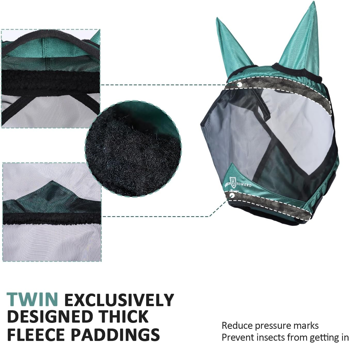 Harrison Howard Pro Luminous Horse Half Face Fly Mask Large Eye Space with Ears UV Protection for Horse Hunter Green M