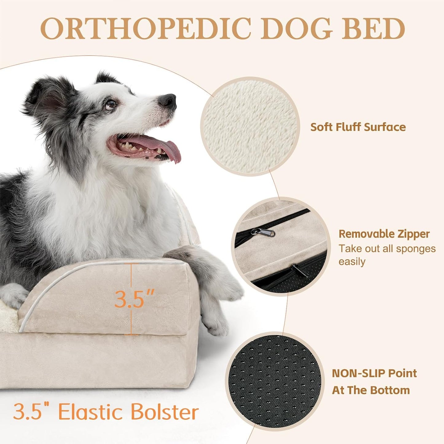Comfort Expression Small Dog Beds Waterproof Orthopedic Foam Dog Sofa Beds for Medium Dogs Comfy Pet Bed with Washable Removable Cover & Non-Slip Bottom(Small,Beige)