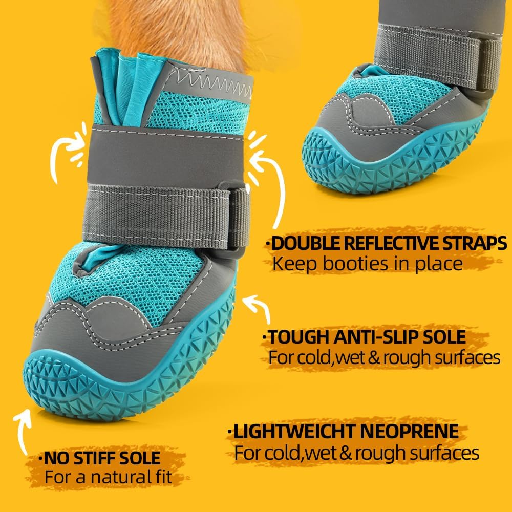 Dog Shoes for Large Dogs, Medium Dog Boots & Paw Protectors for Hardwood Floors, Outdoor Dog Booties for Hot Pavement Winter Snow Hiking, Breathable Dog Shoes with Reflective Strips Size 4