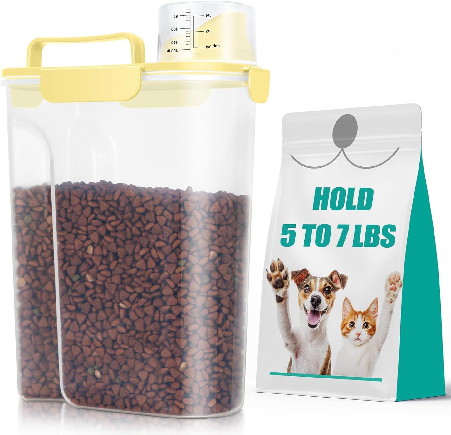 TBMax Pet Dog Cat Food Storage Container 5 to 7 lbs, Airtight Bird Seed Container with Large Spout & Cup, Cat Food Storage Dispenser for Kibble Dog Treat - Light Yellow