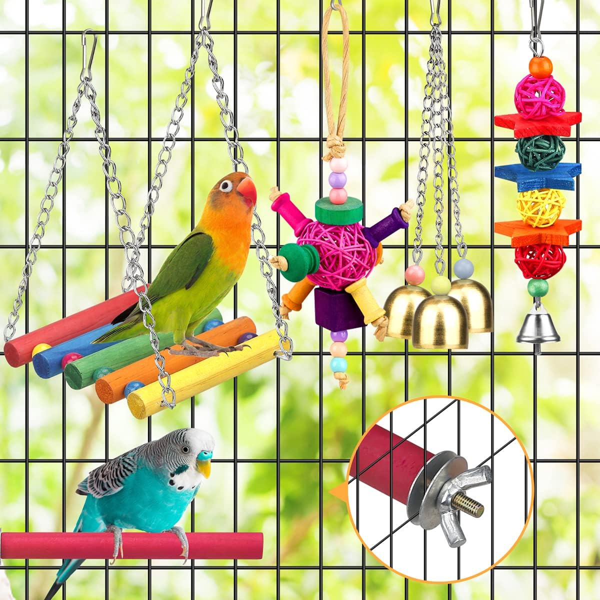 Bird Toys for Conures with Colorful Ladder Hammock Bird Cage Accerious Bird Perch Stand Chewing Toys Hanging Bell for Parrot Parakeet Cockatiel Lovebirds