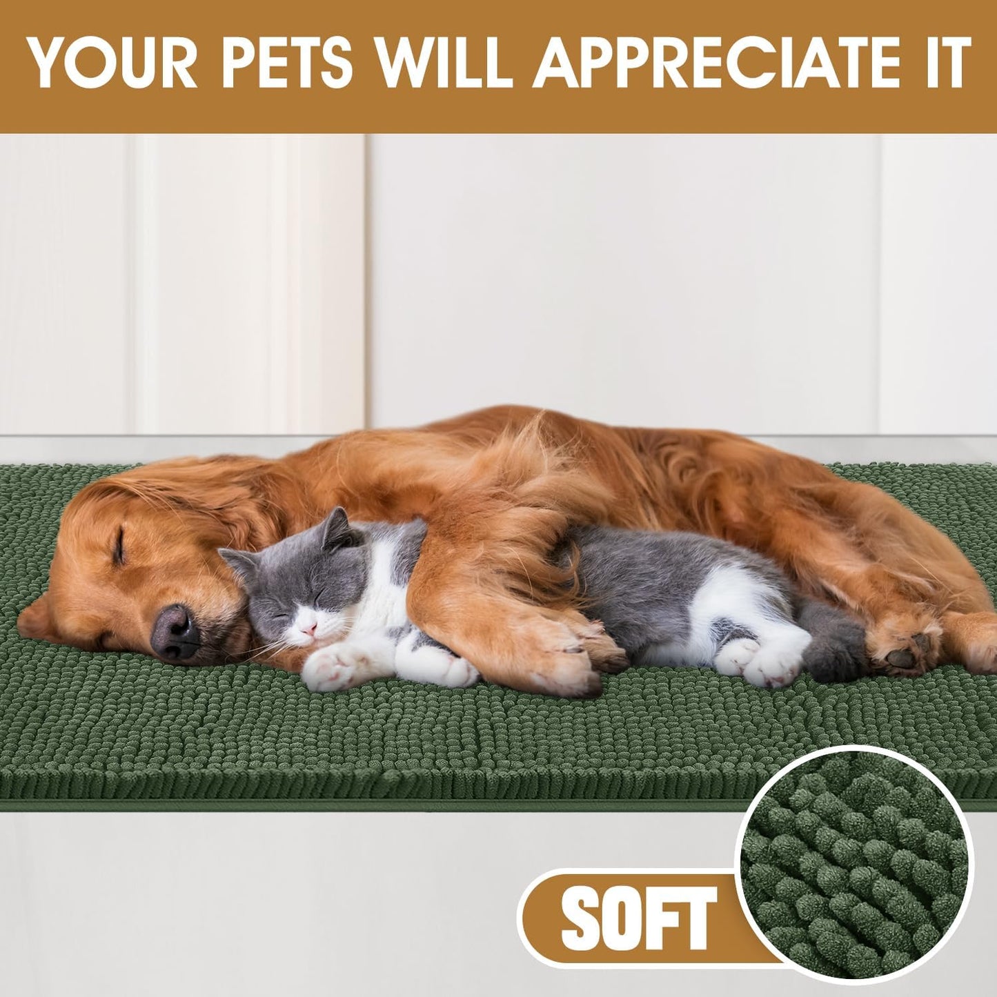 Dog Door Mats for Muddy Paws, Chenille Absorbent Dog Mats, Non Slip Heavy Mud Mat for Dogs, Soft Pet Mat for Entryway, Mud Paws, Inside Floor,48" x 38", Olive