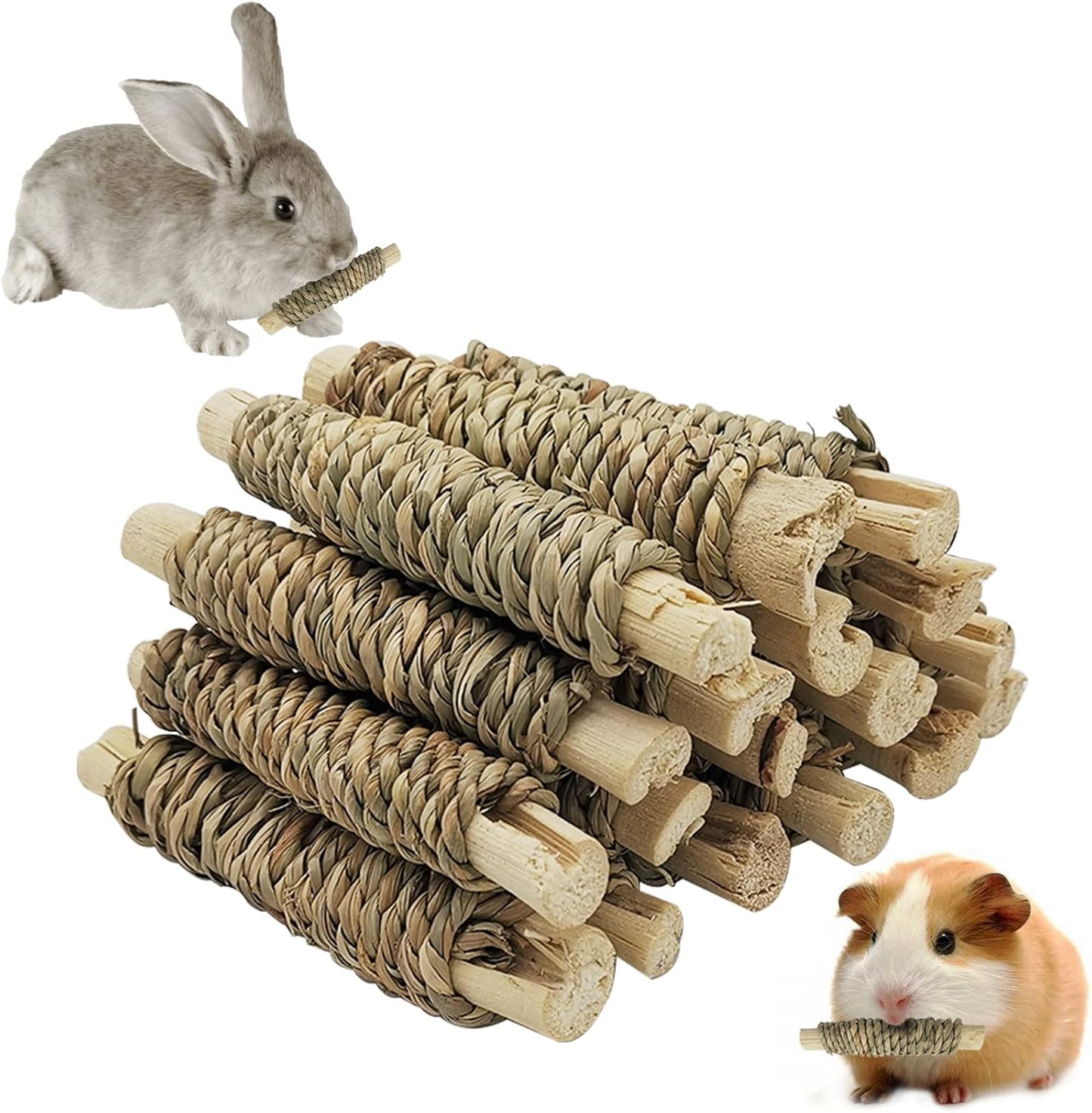 Fhiny 18 PCS Guinea Pig Chew Toys, Natural Seagrass Sweet Bamboo Molar Sticks for Teeth Bunny Chew Toys Cage Accessories for Rabbit Bunny Guinea Pig Chinchilla Hamster