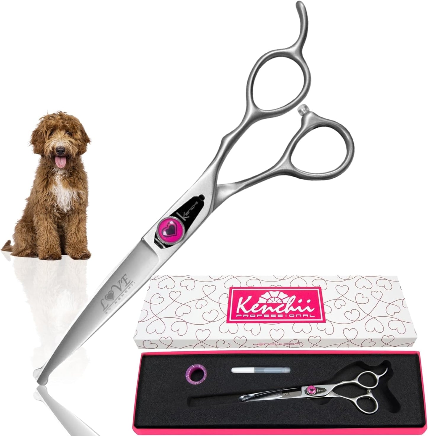 Kenchii Love Dog Grooming Scissors, 6.5 Inch Curved Balltip Shears, Dog Scissors for Grooming, Professional Pet Grooming Scissors, Safety Round Tip Shears