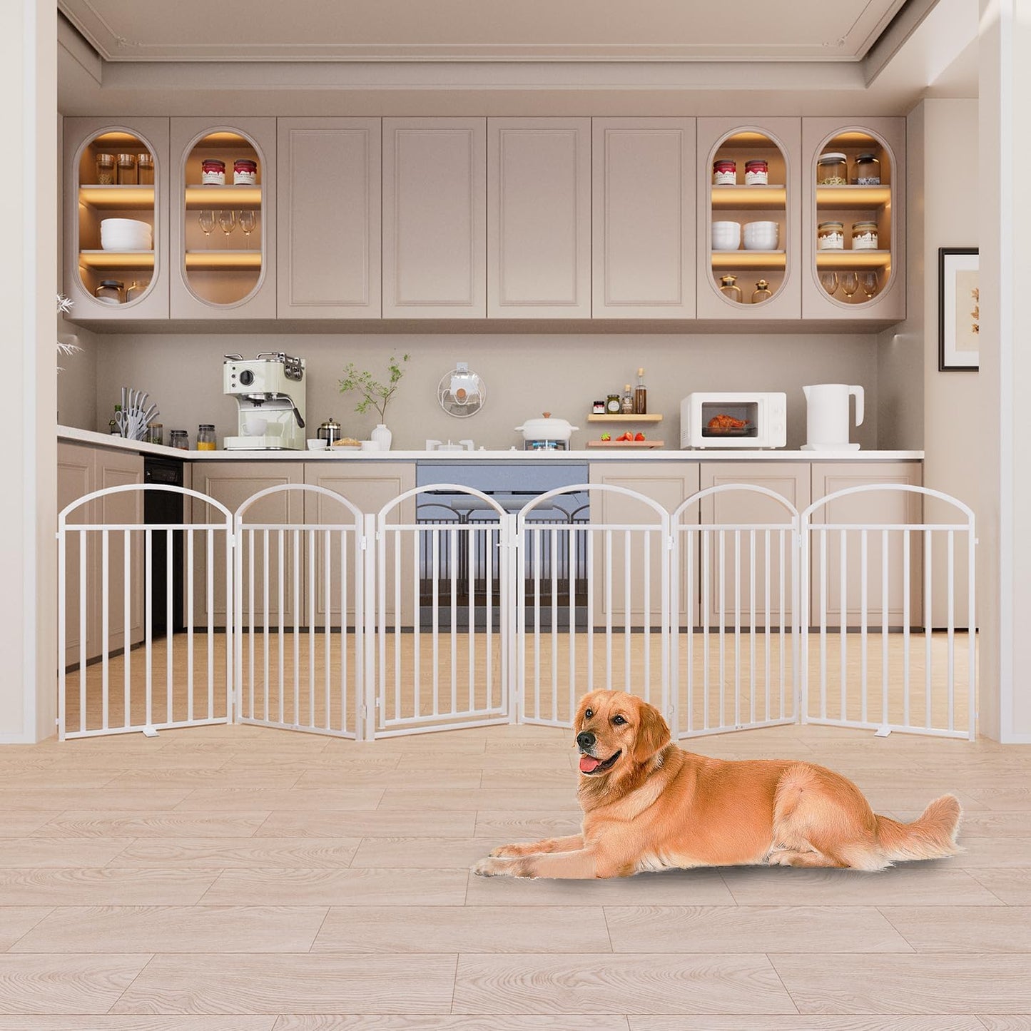 6 Panles Full Matel Freestanding Dog Gates with Door, 144"Extra Wide 32"Tall Free Standing Dog Pet Gate for Indoor & Outdoor. Foldable Pet Fences for Doorways, House, Stairs, Porch, Deck, Yard