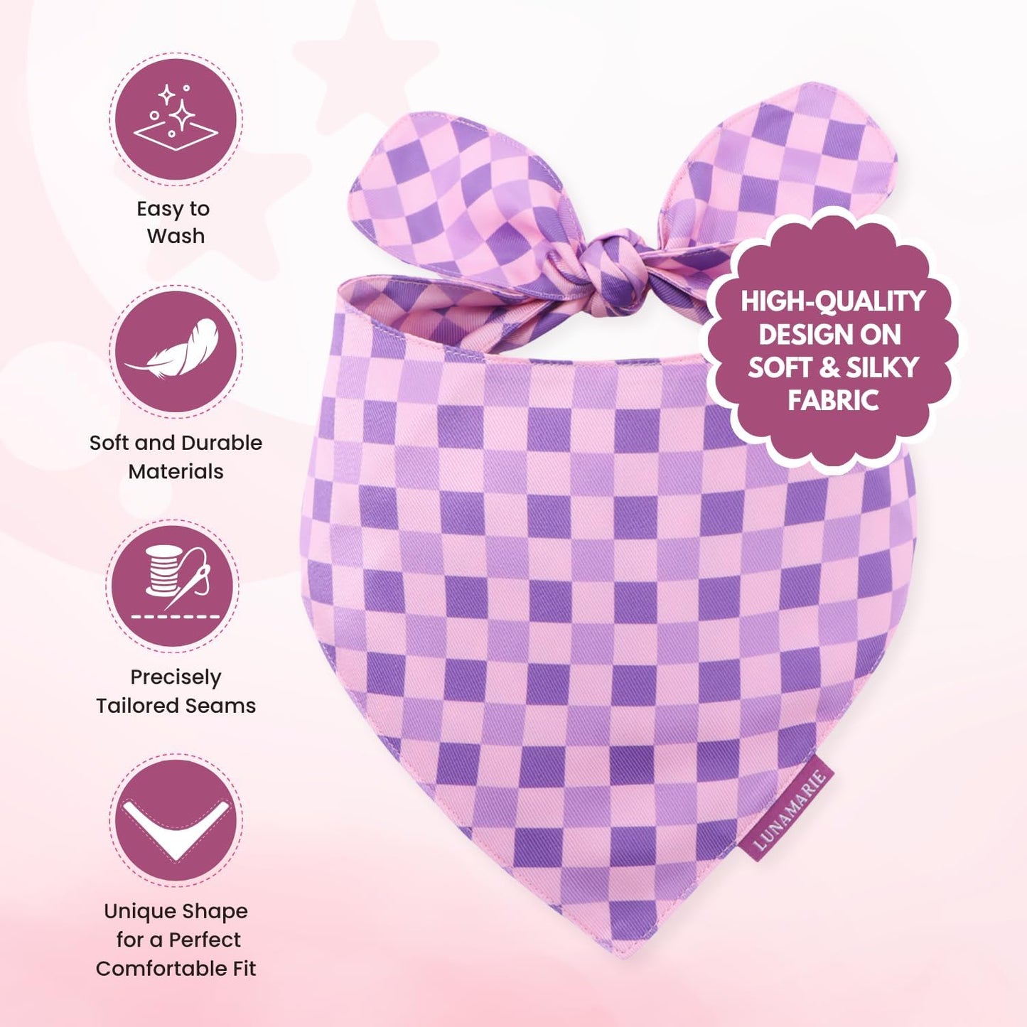 LunaMarie - Luxury Pet Birthday Bandanas -Premium & Silky Poly Fabric | 100% Handmade | Custom Shape Dual Layered (Violeta Rebel, X-Small)