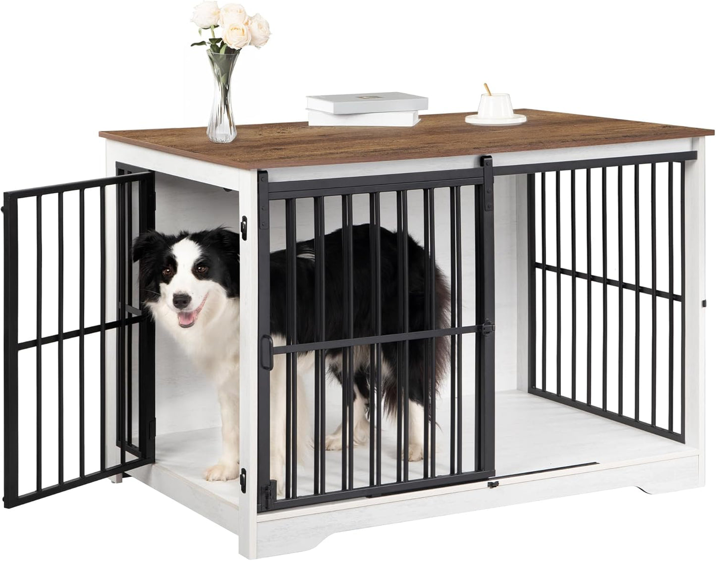XL Large Dog Crate Furniture, 44.1" Indoor Dog Kennel Furniture with Barn Door, Wooden Tall Dog Crate, Heavy Duty Dog Cage for Large Dogs, Side End Table, Anti-Chew, White Brown DFC80114B