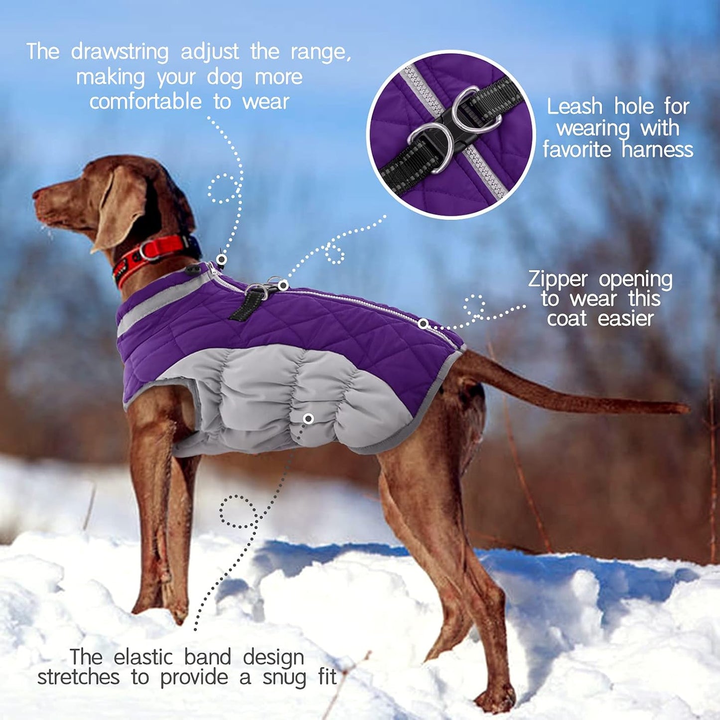 FUAMEY Dog Coat for Large Dogs,Waterproof Dog Winter Jacket with Harness Built in Puppy Cold Weather Coats Reflective Pet Vest with Zipper Warm Fleece Dogs Snowsuit Windproof Purple XXXL