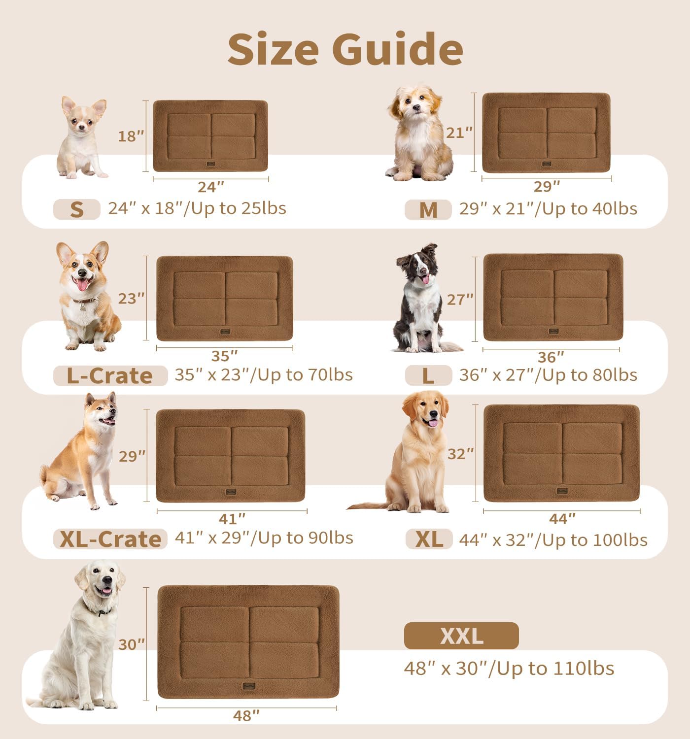 Made4Pets Dog Crate Pad Bed for Medium Large Dogs, Washable & Reversible, Anti-Slip Kennel Mat for Cozy Sleeping, Soft Fluffy Dog Bed for Indoor & Outdoor Use, 35"x23", Brown