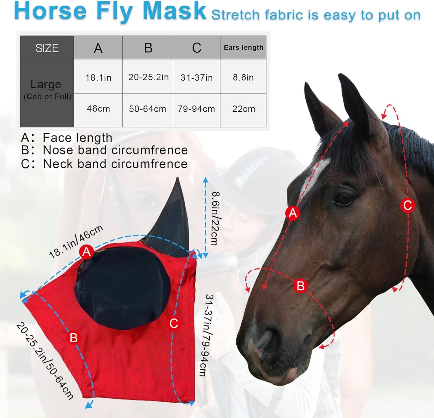Horse Fly Mask with Ears, Comfortable Fit Stretch Fabric with UV Protection Soft on Skin Breathability for Small/Medium Size Horses (Red)