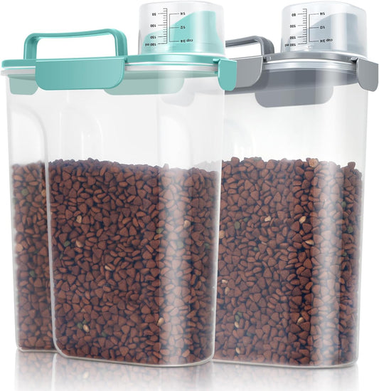 TBMax Pet Dog Cat Food Storage Containers 2 Pack 10 to 14 Lbs, Airtight Cat Food Dispenser with Large Spout & Portable Handle, Travel Dog Treat Storage Bin Bird Seed Container-Cyan+Dark