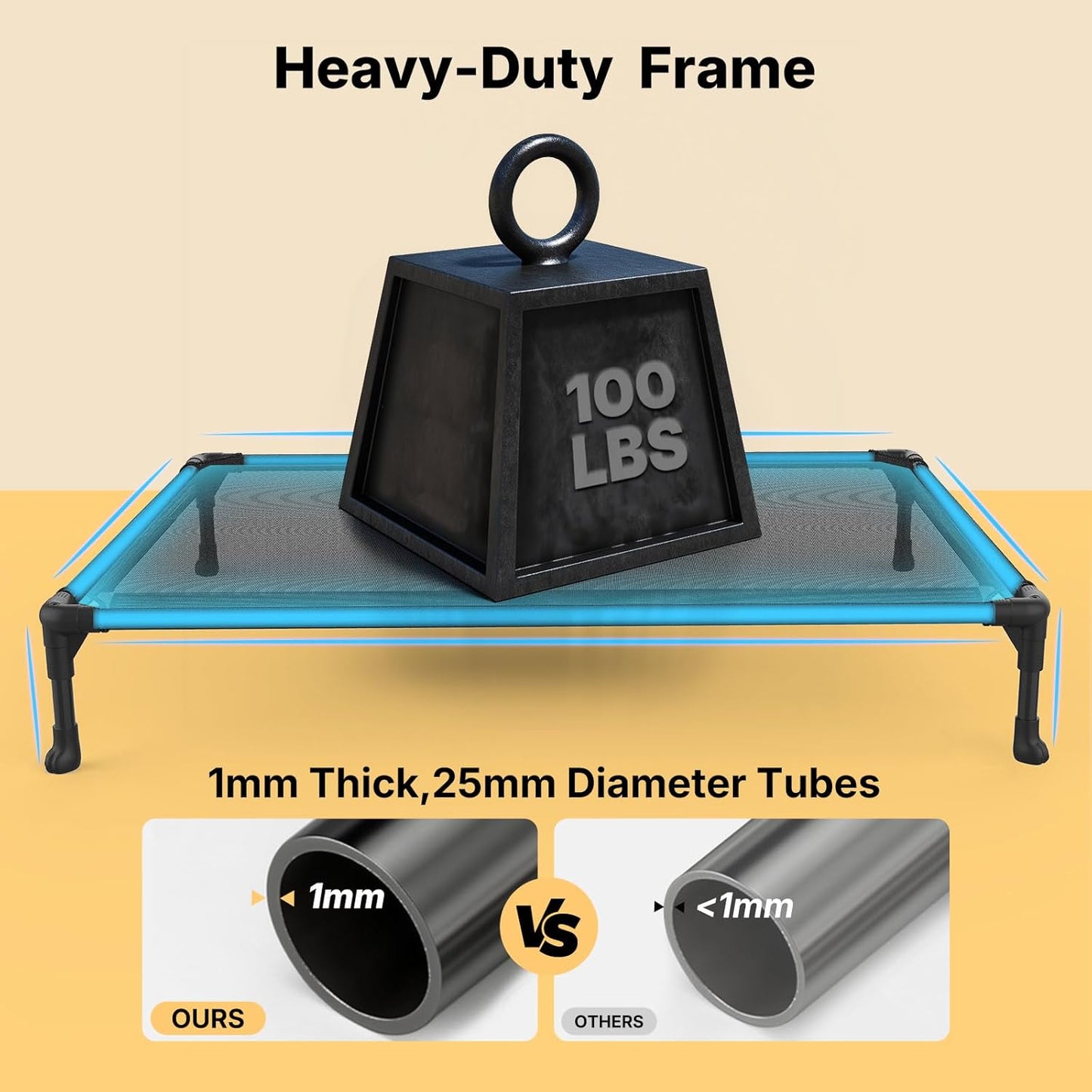 Veehoo Outdoor Elevated Dog Cot Bed, Cooling Raised Pet Bed for Large Dogs, Washable Breathable Mesh Hammock Bed with No-Slip Feet, Indestructible Ground Off Training Platform Cot-42"x30" Black