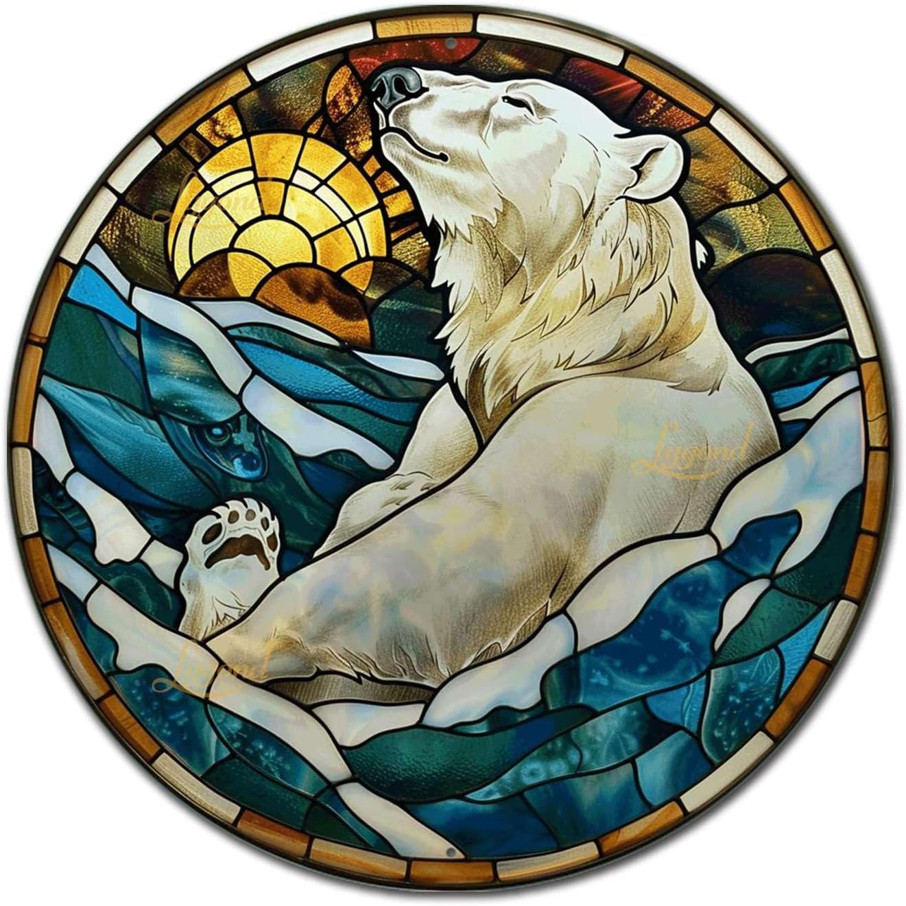 Lygond Metal Sign Tin Sign Circular Stained Glass Polar Bear Boho Decorations For Home For Gift 8×8 Inches