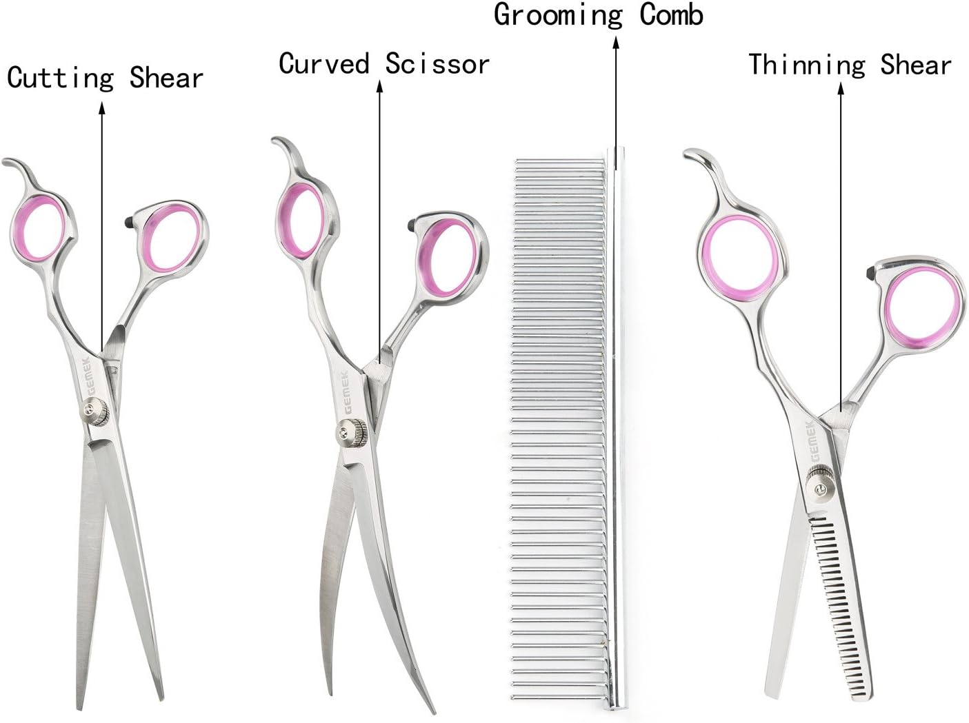 GEMEK Pet Cat Dog Grooming Scissors Set 4 Pieces Stainless Steel Professional Pet Trimmer Kit - 7.5 inch Straight Cutting, Thinning Shears, Curved, Grooming Combs
