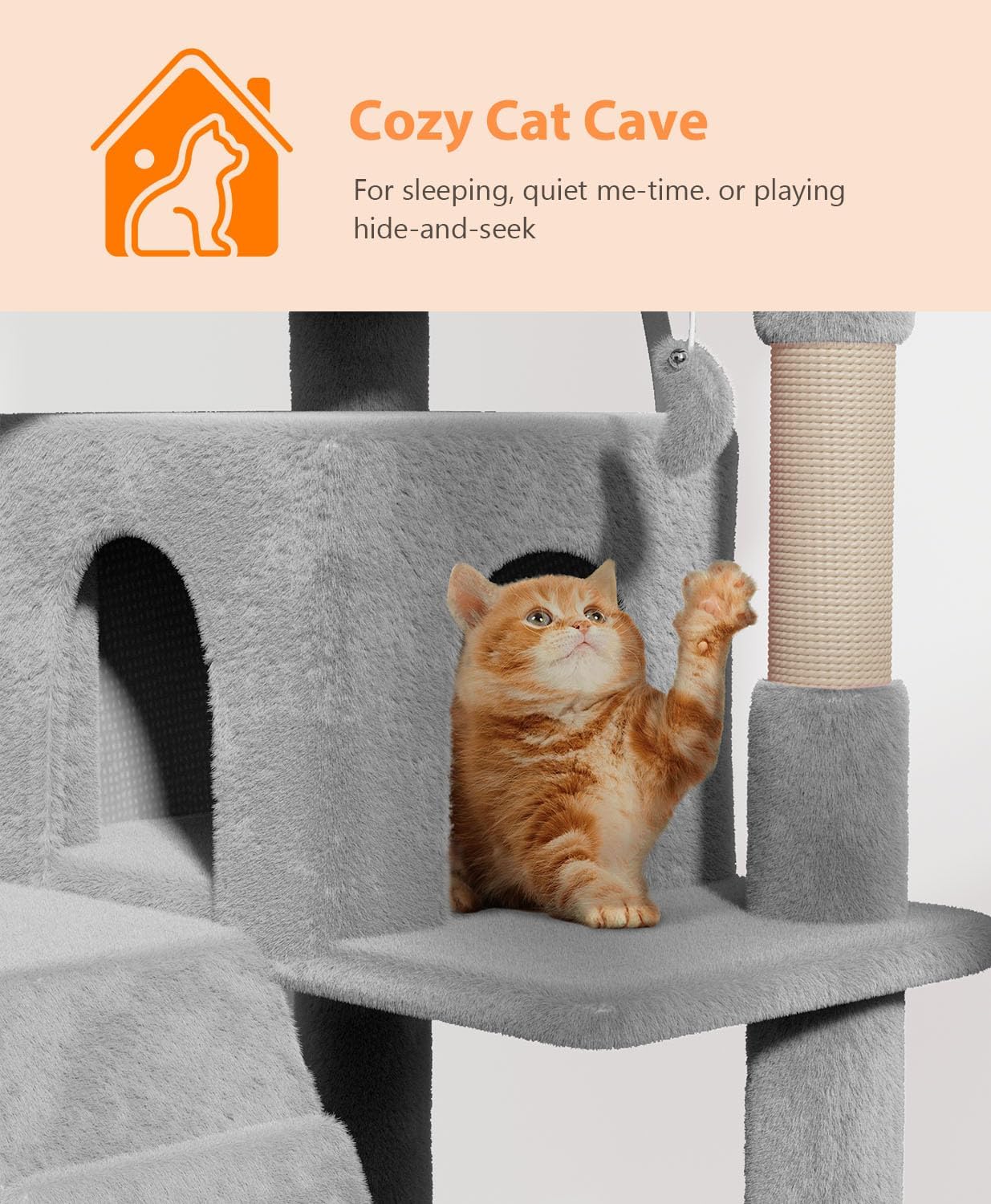 60'' Cat tree Tower for Indoor Cats Large Adult,Cute/Tall Modern Cat Tree for Big Cats 20 lbs,Plush Multi-Level Cat Condo with Scratching Posts,Dangling Ball for fun play(Light Gray, 60 inch)