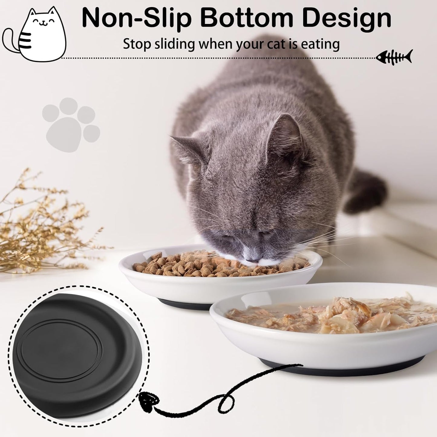 Cat Food Bowl,Healthy Ceramic Cat Bowls for Indoor Cats,Anti Whisker Fatigue Cats Dishes Set,Shallow Wide Kitten Plates for Food and Water,Non-Slip Silicone Bottom,3 Pack