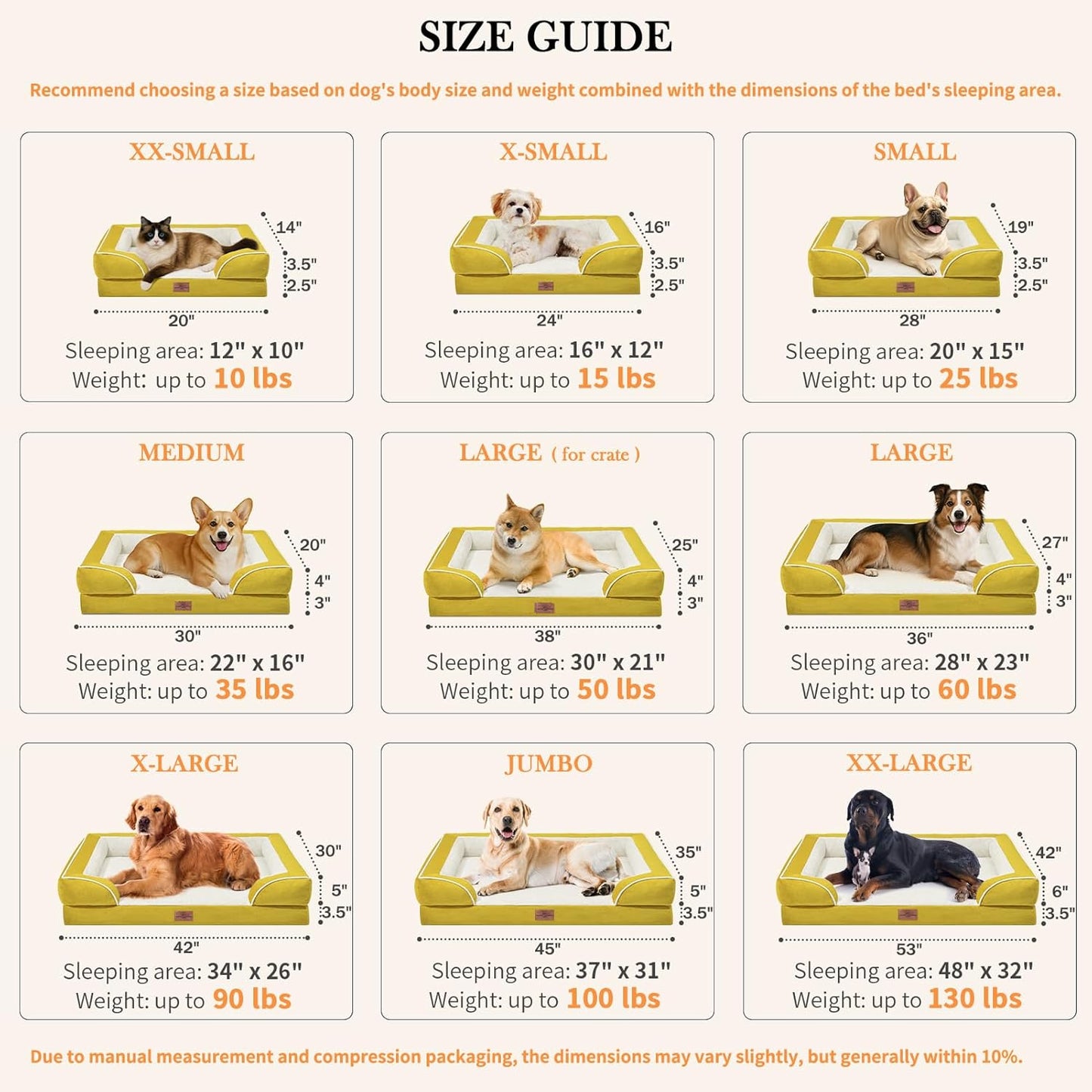 Comfort Expression Medium Dog Beds Waterproof Orthopedic Foam Dog Sofa Beds for Medium Large Dogs Comfy Pet Bed with Washable Removable Cover & Non-Slip Bottom(Medium,Spicy Mustard)