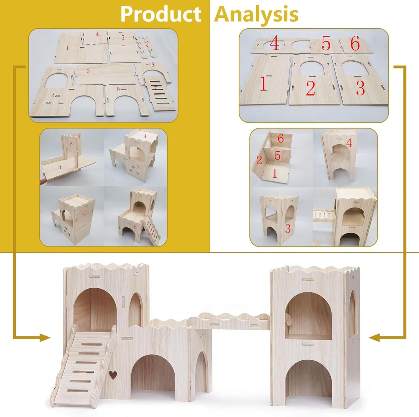 Large Wooden Hamster House Castle with Double Decker,Large Hamster, Wooden Hamster Houses,Dwarf Hamster Habitat Hideout with Climbing Ladder,Large Guinea Pig Castle Detachable Hideouts(B)